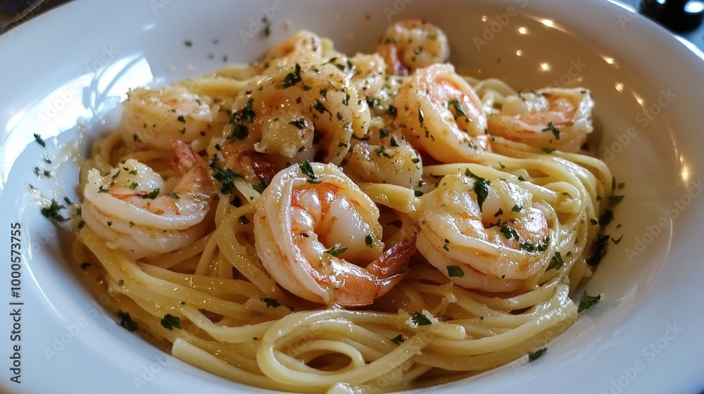A shrimp scampi pasta dish served in a white bowl, with garlic, parsley, and a buttery sauce drizzled over linguine, capturing the essence of Italian cuisine. A shrimp scampi pasta dish served in a white bowl, with garlic, parsley, and a buttery sauce drizzled over linguine, capturing the essence of Italian cuisine.