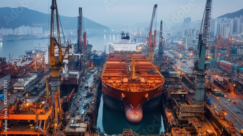 A shipyard in Busan, South Korea, with large vessels under construction, showcasing the scale and strength of the shipbuilding industry.