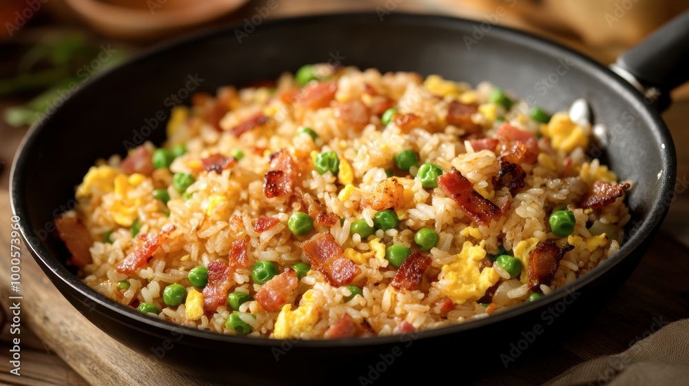 A sizzling pan of fried rice with bacon, egg, and peas, the crispy bits of bacon adding extra flavor and crunch. A sizzling pan of fried rice with bacon, egg, and peas, the crispy bits of bacon adding extra flavor and crunch.