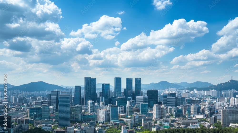 A skyline shot of Seouls financial district, with high-rise buildings and corporate offices symbolizing Koreas economic strength and industrial power. A skyline shot of Seouls financial district, with high-rise buildings and corporate offices symbolizing Koreas economic strength and industrial power.