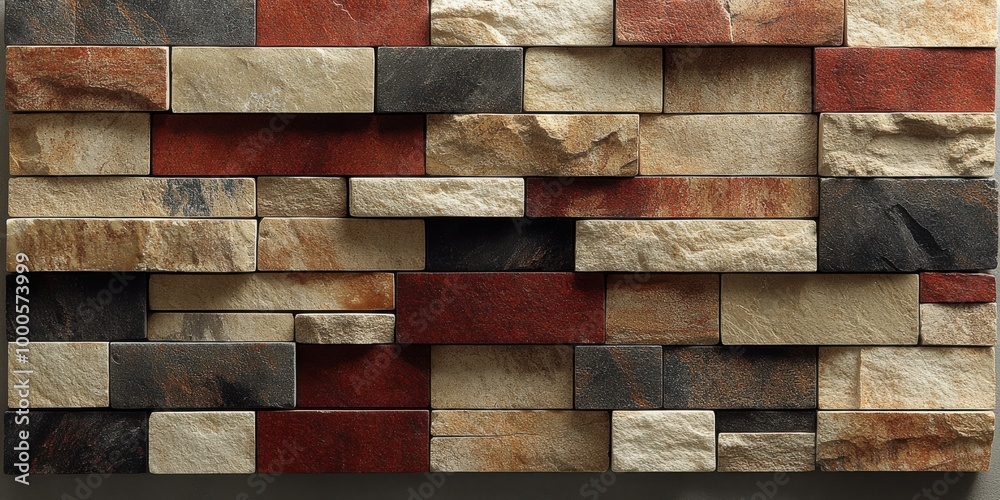 A rustic and contemporary stone wall made of stacked rectangles in various shades of beige, brown, grey, and red A rustic and contemporary stone wall made of stacked rectangles in various shades of beige, brown, grey, and red