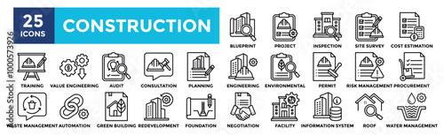 Construction icon collection set. Containing design industry, construction, site, business, safety, architecture