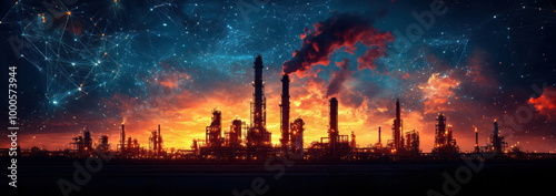 Petrochemical industry fuel factory zone with sunset sky background.