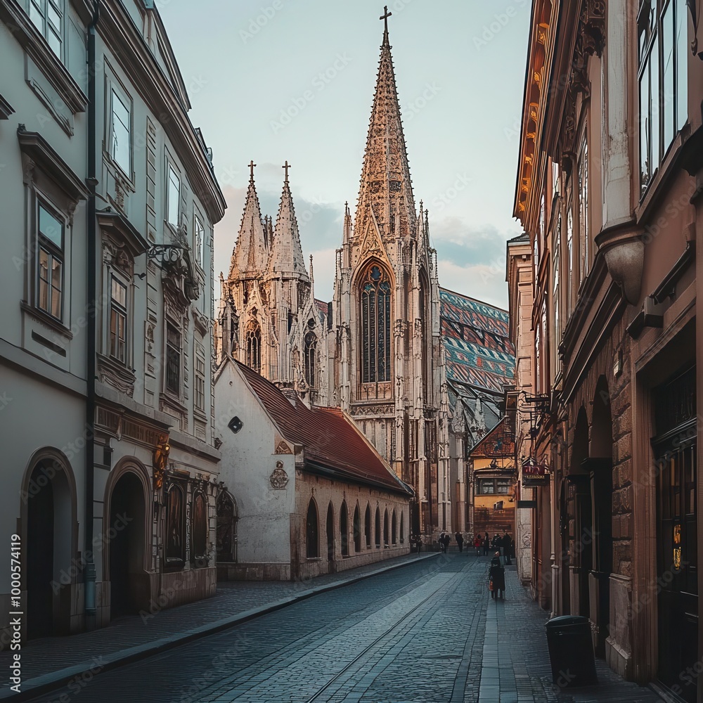 Obraz premium Baroque church with towering spires, elaborate stucco decorations, and stained glass windows reflecting soft light onto the polished stone streets below
