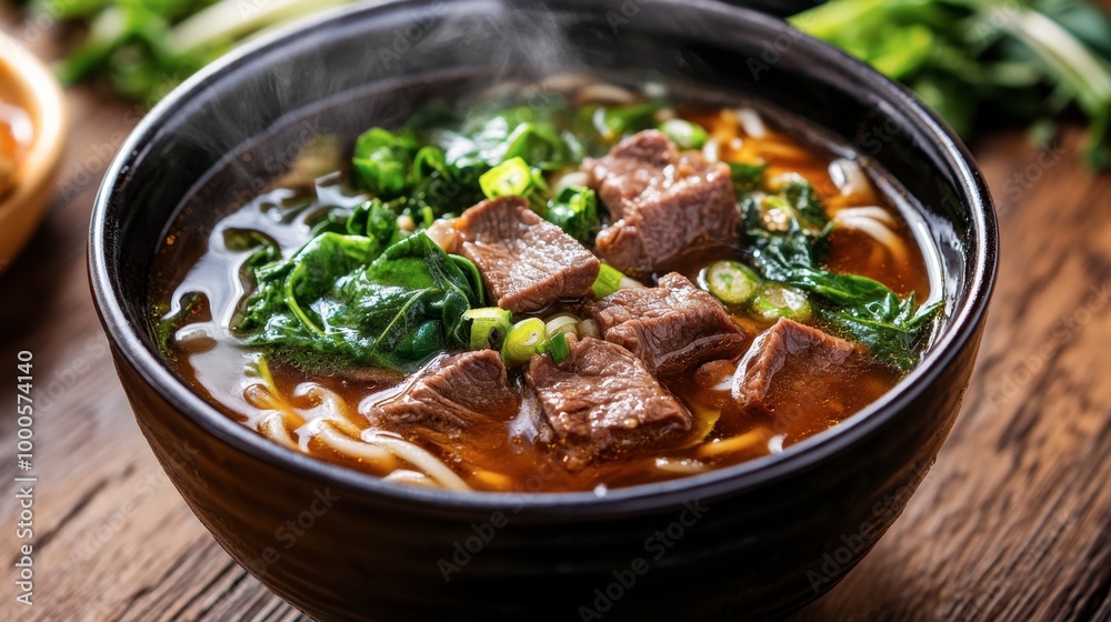 A steaming bowl of beef noodle soup, with chunks of tender beef, leafy greens, and thick noodles in a savory broth. A steaming bowl of beef noodle soup, with chunks of tender beef, leafy greens, and thick noodles in a savory broth.