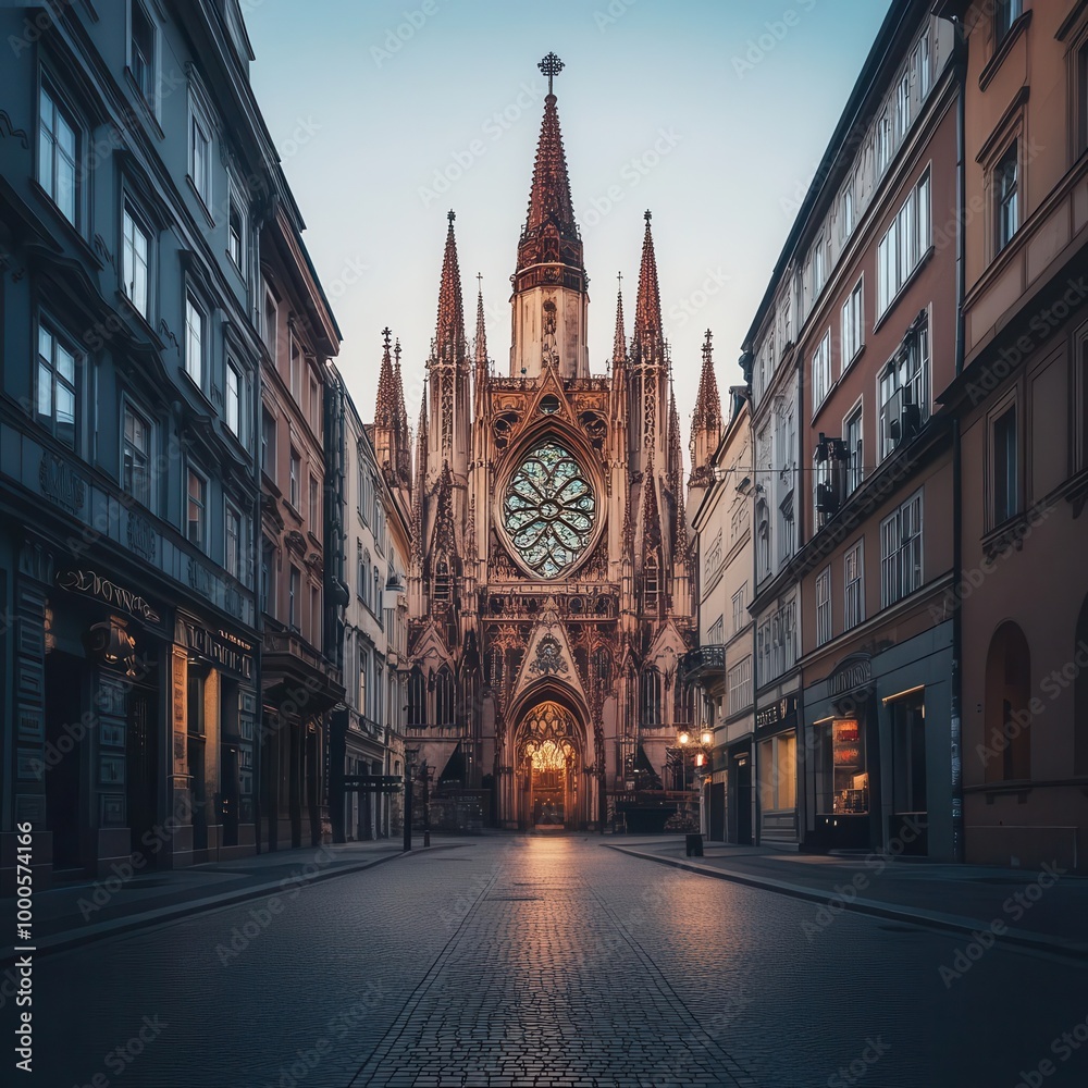 Fototapeta premium Baroque church with towering spires, elaborate stucco decorations, and stained glass windows reflecting soft light onto the polished stone streets below