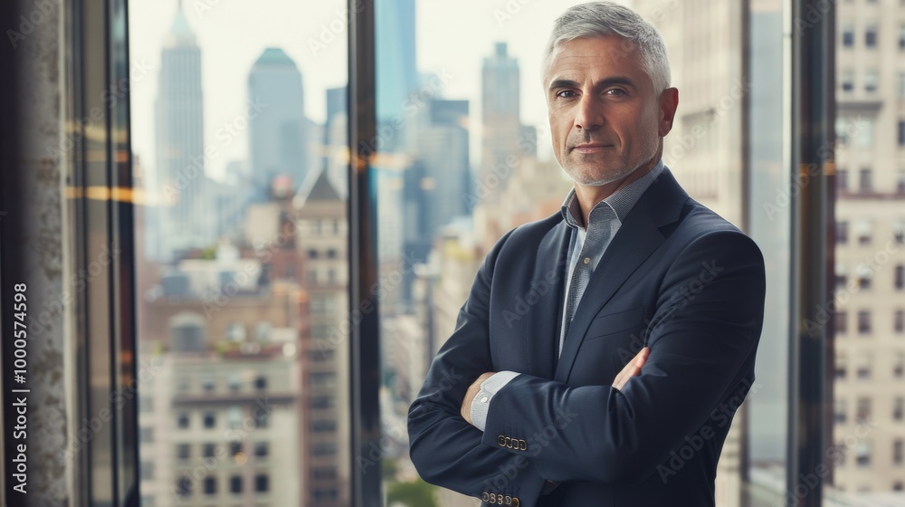 Middle-aged corporate leader with gray hair, confident stance Middle-aged corporate leader with gray hair, confident stance