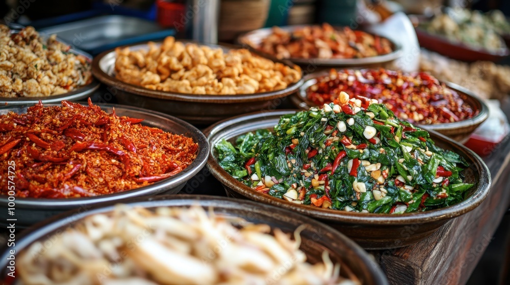A vibrant Thai street food stall, with bowls of fried basil, chili, and garlic on display, ready to be used in various dishes. A vibrant Thai street food stall, with bowls of fried basil, chili, and garlic on display, ready to be used in various dishes.