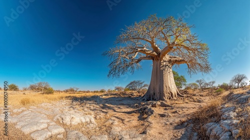 A wide-angle shot of a giant baobab tree standing alone in a desert landscape, its unique and bulbous trunk contrasting against the clear blue sky. photo