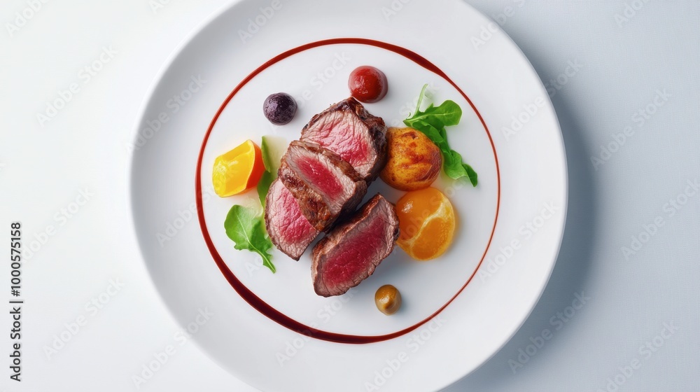 An AI-generated food photo with hyperrealistic details, including textures of fruits, meats, and sauces perfectly arranged on a white plate, showcasing food photography innovations. An AI-generated food photo with hyperrealistic details, including textures of fruits, meats, and sauces perfectly arranged on a white plate, showcasing food photography innovations.