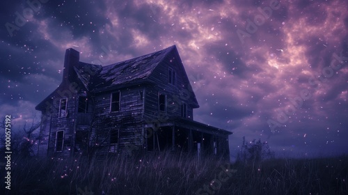 A dark, abandoned house looms under a stormy purple sky with strange glowing lights in the air. This eerie scene evokes a sense of mystery and supernatural presence, ideal for horror themes.