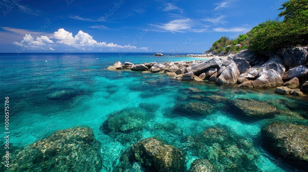 Crystal-clear waters washing up on the rocky coastline of Shark Bay in Koh Tao, offering stunning snorkeling opportunities. Crystal-clear waters washing up on the rocky coastline of Shark Bay in Koh Tao, offering stunning snorkeling opportunities.