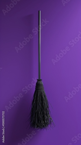 A minimalist image featuring a black broomstick against a bright purple background. The sleek, simple design is ideal for Halloween decor, witches' accessories, or themed advertising. photo