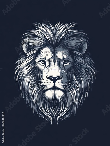 Wallpaper Mural A detailed, realistic illustration of a lion's face with a majestic mane, set against a dark blue background. The lion appears powerful and regal, with a serious expression and piercing gaze. Torontodigital.ca