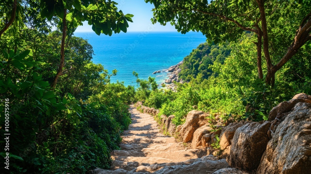 Hiking trail leading up to a scenic viewpoint in Koh Tao, surrounded by lush green foliage and offering stunning ocean views. Hiking trail leading up to a scenic viewpoint in Koh Tao, surrounded by lush green foliage and offering stunning ocean views.