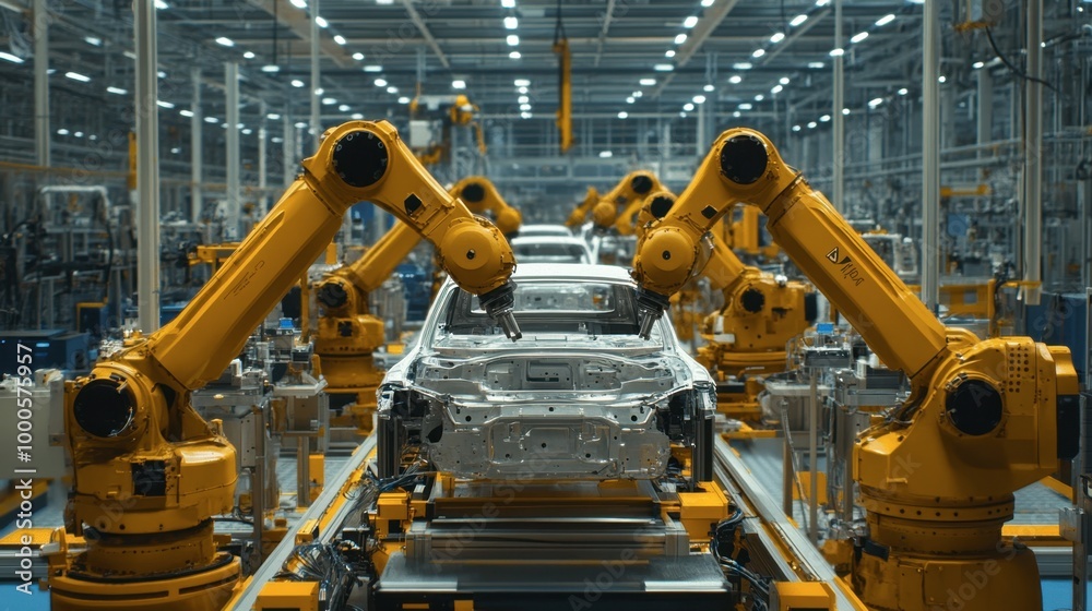 Industrial robots working in harmony with humans in a Korean car manufacturing plant, showcasing innovation and efficiency in the automotive sector. Industrial robots working in harmony with humans in a Korean car manufacturing plant, showcasing innovation and efficiency in the automotive sector.