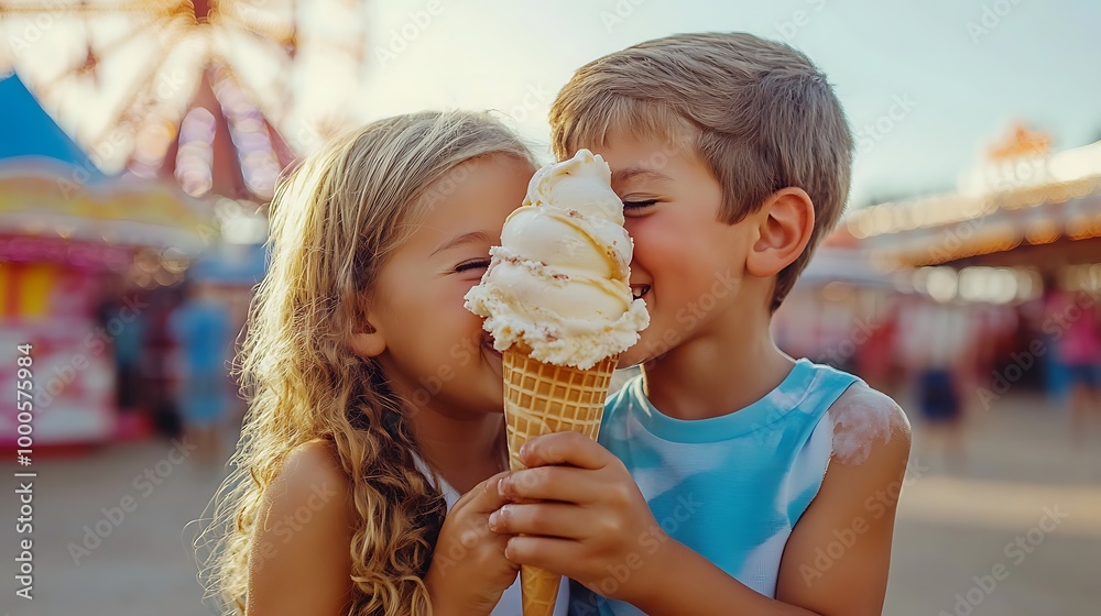 Children Sharing Ice Cream at the Amusement Park Children Sharing Ice Cream at the Amusement Park