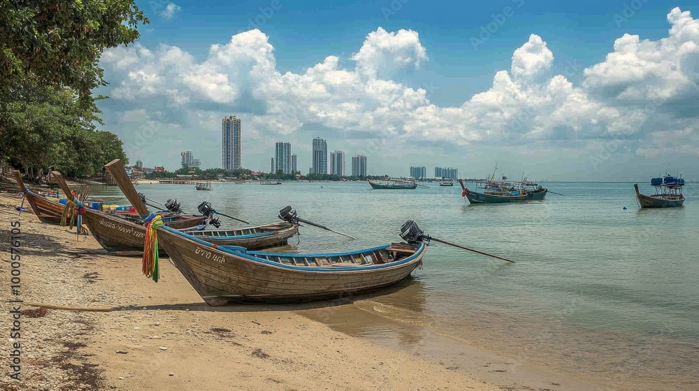 Longtail boats anchored on the shore of Koh Larns Samae Beach, with the distant Pattaya skyline visible across the water. Longtail boats anchored on the shore of Koh Larns Samae Beach, with the distant Pattaya skyline visible across the water.