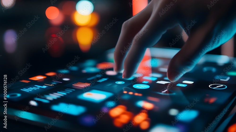 A hand is touching a screen with a lot of icons and buttons. Concept of technology and the importance of being able to navigate and interact with it. Scene is somewhat serious A hand is touching a screen with a lot of icons and buttons. Concept of technology and the importance of being able to navigate and interact with it. Scene is somewhat serious