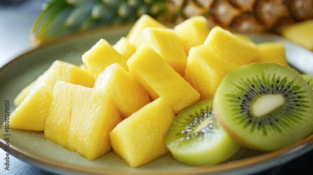 Mango slices fanned out on a plate, served alongside fresh pineapple and kiwi for a colorful tropical dessert. Mango slices fanned out on a plate, served alongside fresh pineapple and kiwi for a colorful tropical dessert.