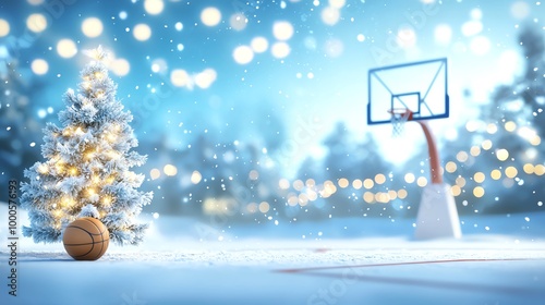 Christmas tree and basketball court in snow with lights