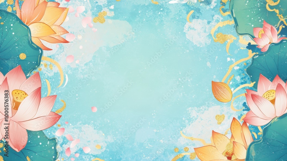 Blue background with lotus flowers and golden elements. Vector illustration. Blue background with lotus flowers and golden elements. Vector illustration.