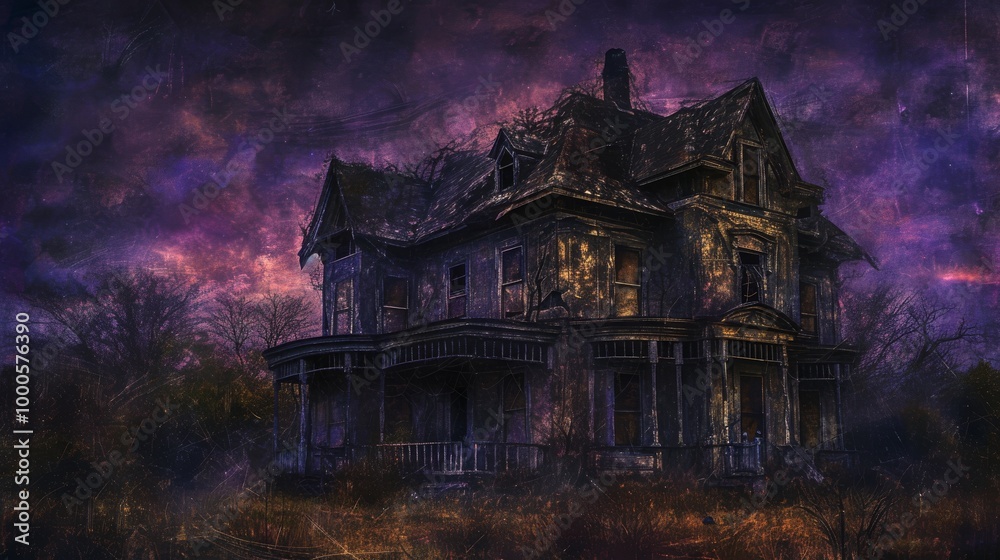 Obraz premium A decaying Victorian mansion stands ominously against a dark purple sky, its haunted and eerie appearance perfect for evoking feelings of horror and suspense. Ideal for haunted house or horror-themed