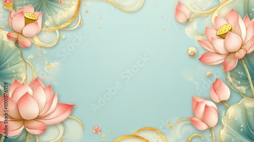 Pink lotus flowers on blue background with golden elements. 3d rendering