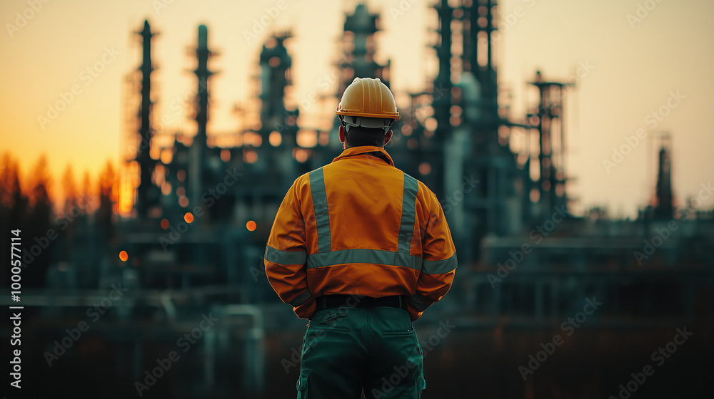 Engineer standing at Industrial view at oil refinery plant from industry zone. Engineer standing at Industrial view at oil refinery plant from industry zone.