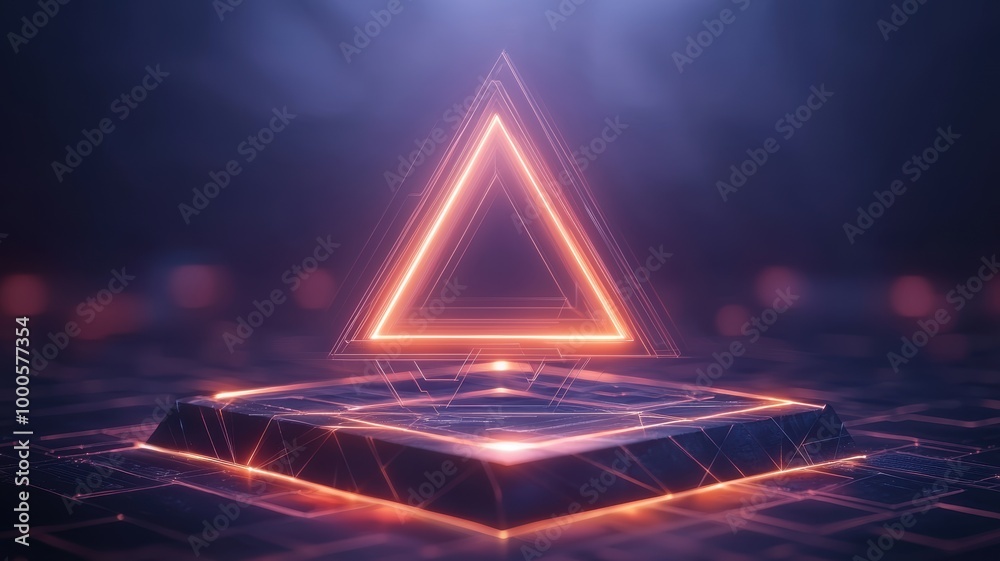 A glowing neon triangle in a futuristic landscape, symbolizing technology and innovation. Perfect for digital art and design themes. A glowing neon triangle in a futuristic landscape, symbolizing technology and innovation. Perfect for digital art and design themes.