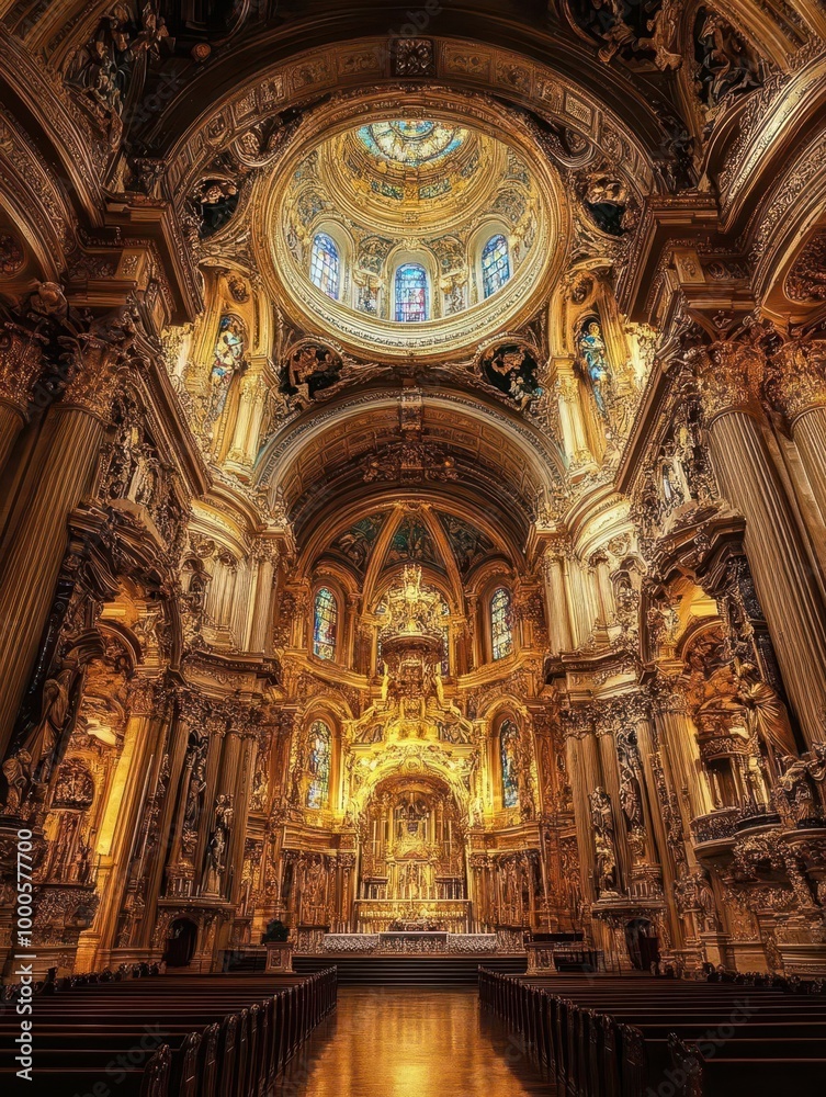 Grand Baroque cathedral with intricately carved columns, golden accents, and dramatic light streaming through stained glass windows Lush details and ornate design Grand Baroque cathedral with intricately carved columns, golden accents, and dramatic light streaming through stained glass windows Lush details and ornate design
