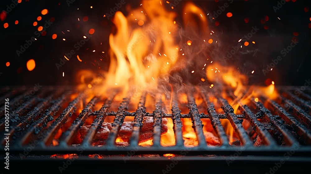 Hot Charcoal Burning on a Black Grill with Flames