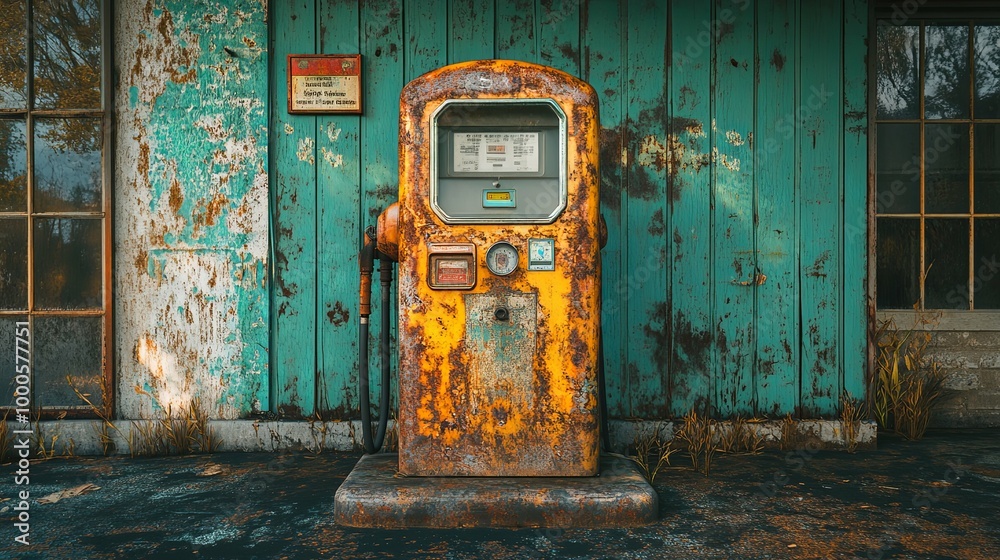 Rusted and Weathered Gas Pump Against a Teal Wall Rusted and Weathered Gas Pump Against a Teal Wall
