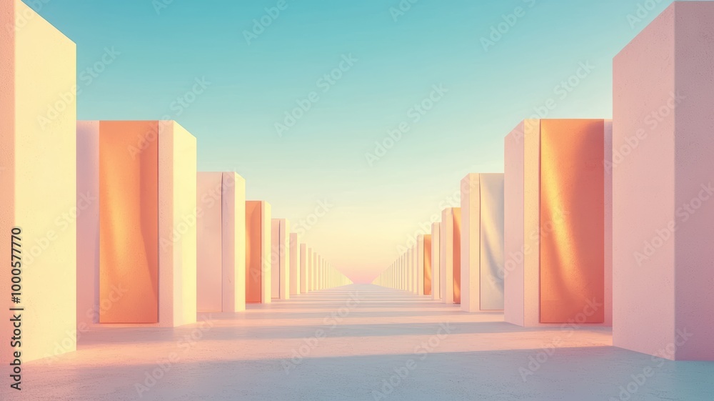 A serene and abstract landscape featuring pastel-colored structures under a clear sky, evoking a sense of tranquility and modernity. A serene and abstract landscape featuring pastel-colored structures under a clear sky, evoking a sense of tranquility and modernity.
