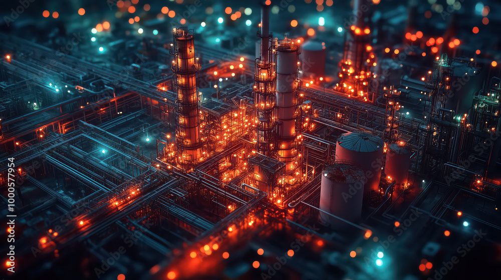 Fototapeta premium Petrochemical industry fuel factory zone with sunset sky background.