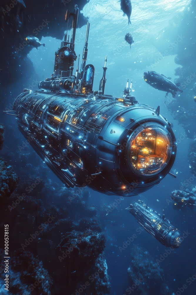 Hightech submarine exploring the deep ocean abyss, illuminated by ...