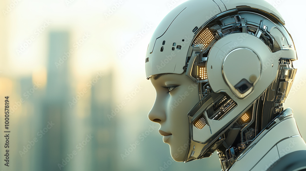 A detailed side profile of a futuristic humanoid robot with intricate mechanical components and a serene expression, set against a blurred urban background. A detailed side profile of a futuristic humanoid robot with intricate mechanical components and a serene expression, set against a blurred urban background.