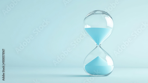 A clear hourglass with blue sand steadily flowing, symbolizing the passage of time, against a clean, minimalistic, light blue background.