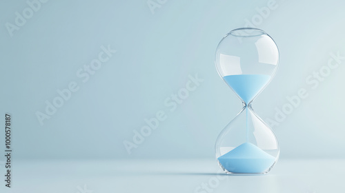 A clear hourglass with blue sand slowly trickles down, symbolizing the passage of time against a minimalist, light blue background. photo