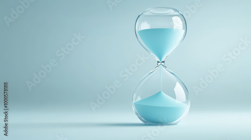 A minimalist glass hourglass with blue sand trickling down, symbolizing the passage of time, set against a serene blue background.