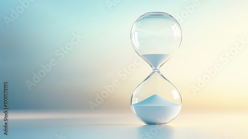 A glass hourglass with sand flowing from the top chamber to the bottom, symbolizing the passage of time against a gradient background.