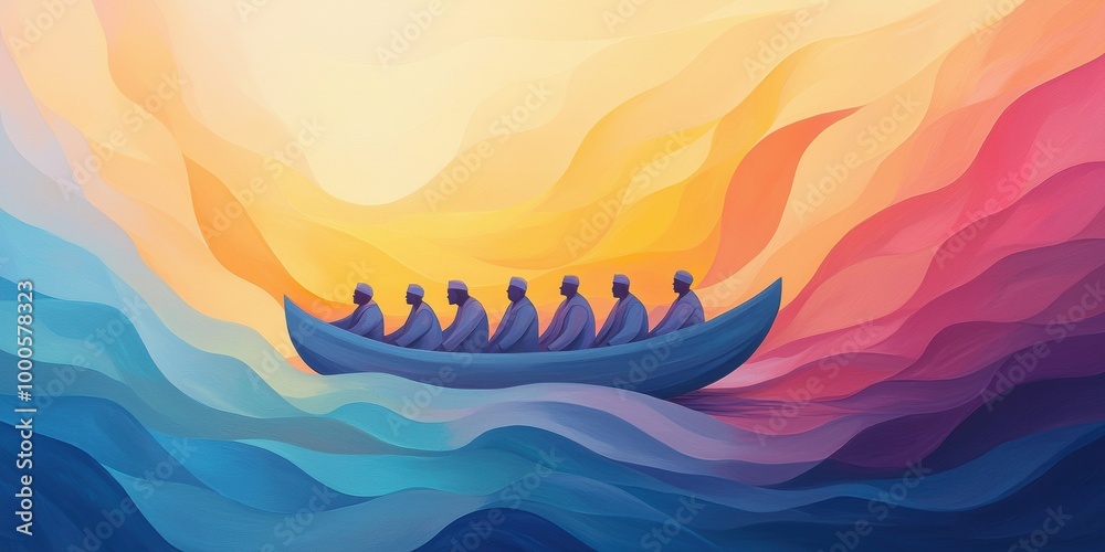 Fototapeta premium A vibrant illustration of a group in a boat, navigating through colorful waves and a dreamy sky, representing journey and unity.