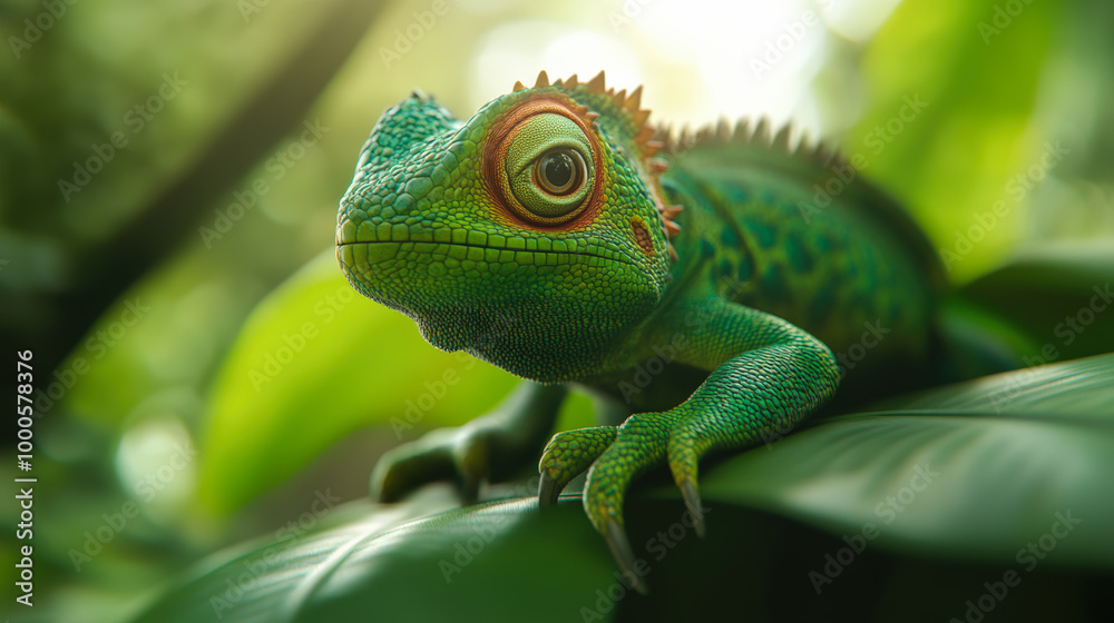 A vibrant green and blue lizard with red markings perches on a leaf, blending into its lush, tropical surroundings. A vibrant green and blue lizard with red markings perches on a leaf, blending into its lush, tropical surroundings.