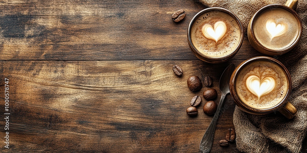 Three cups of coffee with heart shaped latte art on a rustic wooden surface with scattered coffee beans and a silver spoon Three cups of coffee with heart shaped latte art on a rustic wooden surface with scattered coffee beans and a silver spoon