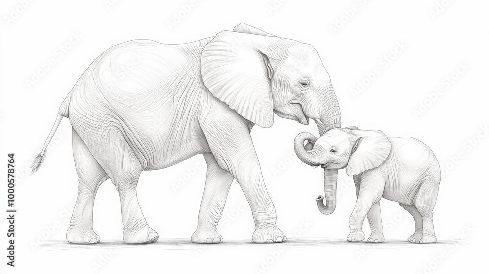 A detailed illustration of a mother elephant gently interacting with her baby elephant, showcasing their bond and intricate features against a blank background.