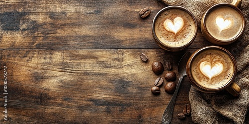 Three cups of coffee with heart shaped latte art on a rustic wooden surface with scattered coffee beans and a silver spoon photo