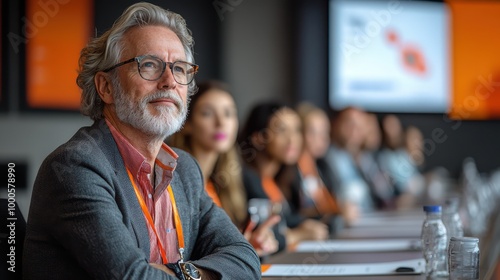 Attentive Man Listening to Presentation at Conference