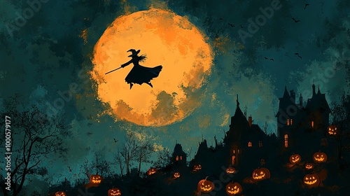 Witch Flying on Broom Against a Large Full Moon Above Haunted Village