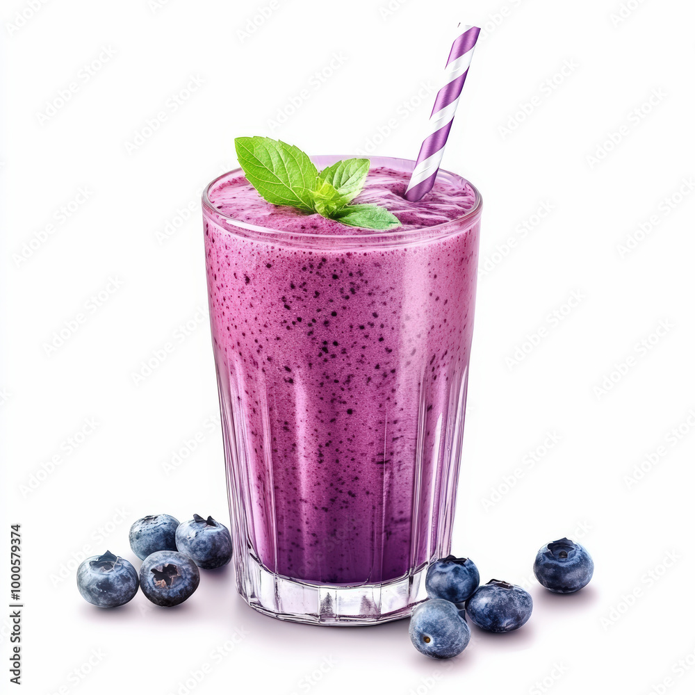 A refreshing blueberry smoothie in a glass adorned with mint leaves and a striped straw, surrounded by fresh blueberries. A refreshing blueberry smoothie in a glass adorned with mint leaves and a striped straw, surrounded by fresh blueberries.