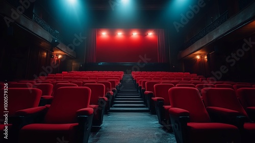 Empty Red Theater Seats Facing a Screen